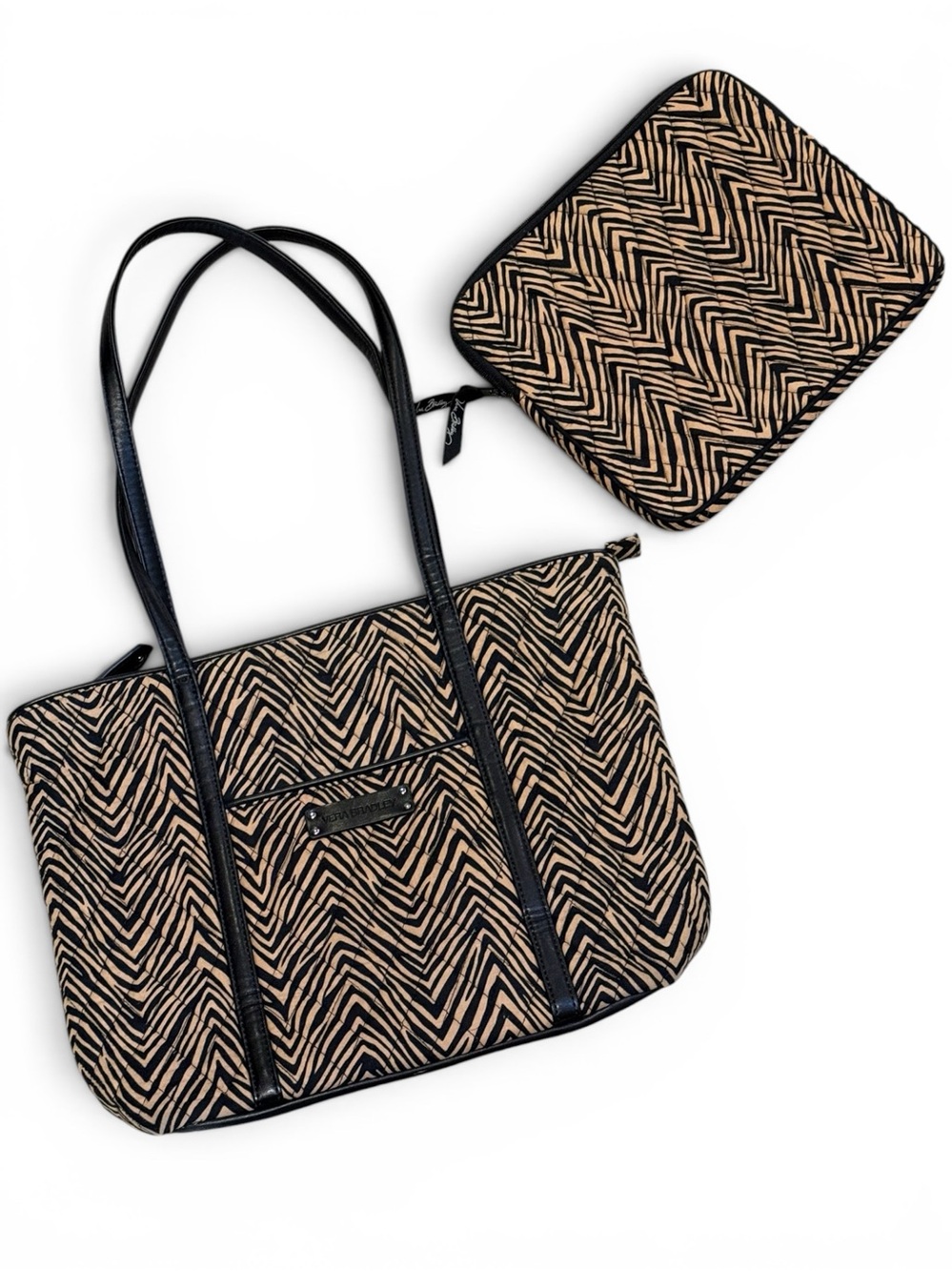 Vera Bradley Quilted Leather straps Tan Zebra tote bag w/ matching sleeve & case